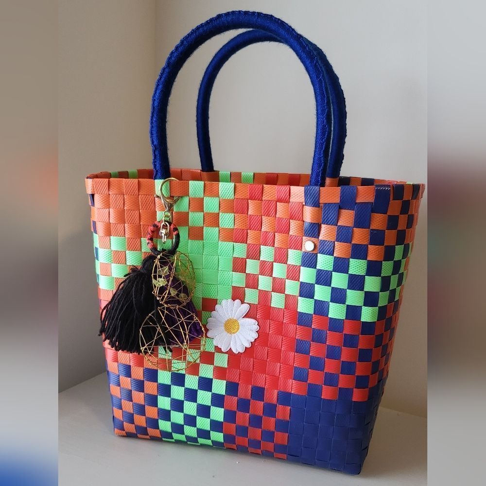 Market baskets handmade with recycled materials plastic knitted decor